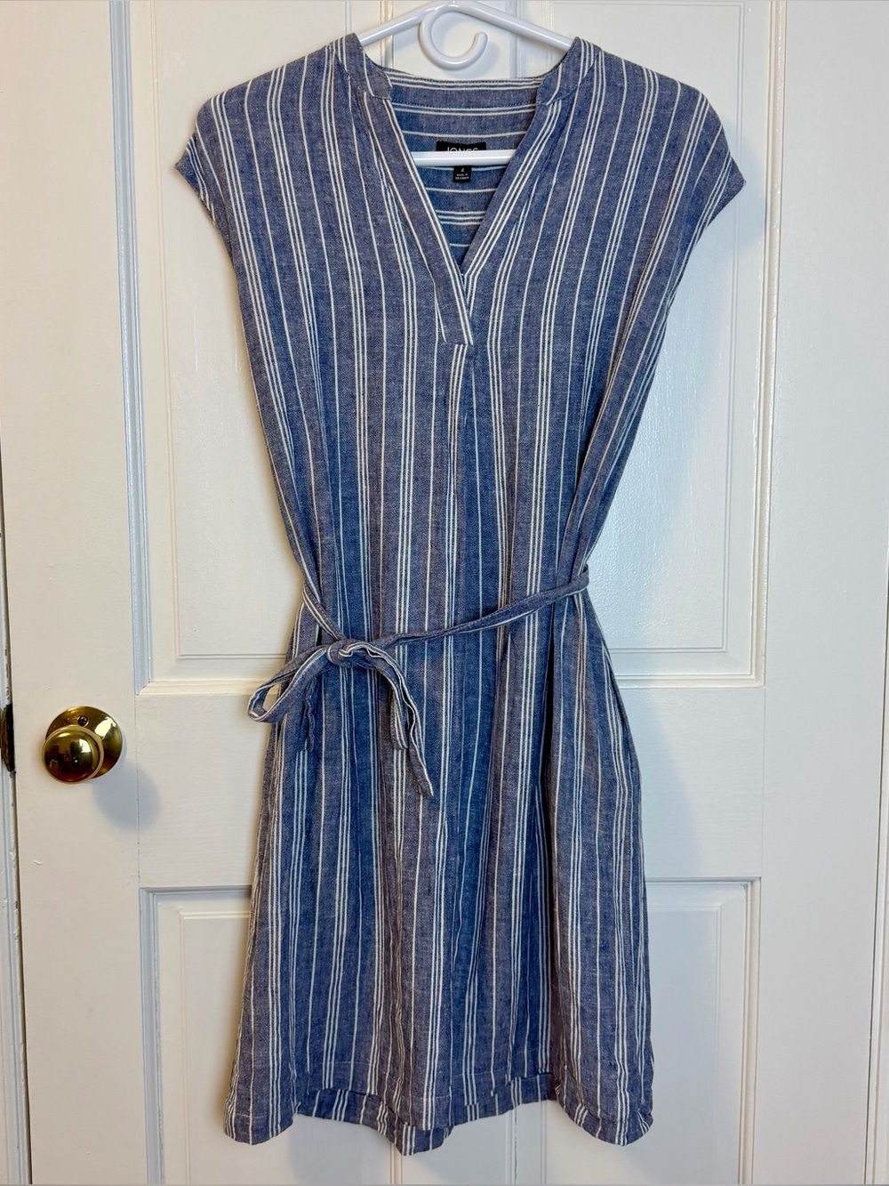 Jones New York Blue & White Striped Linen Blend Shift Dress With Sash, Size 4